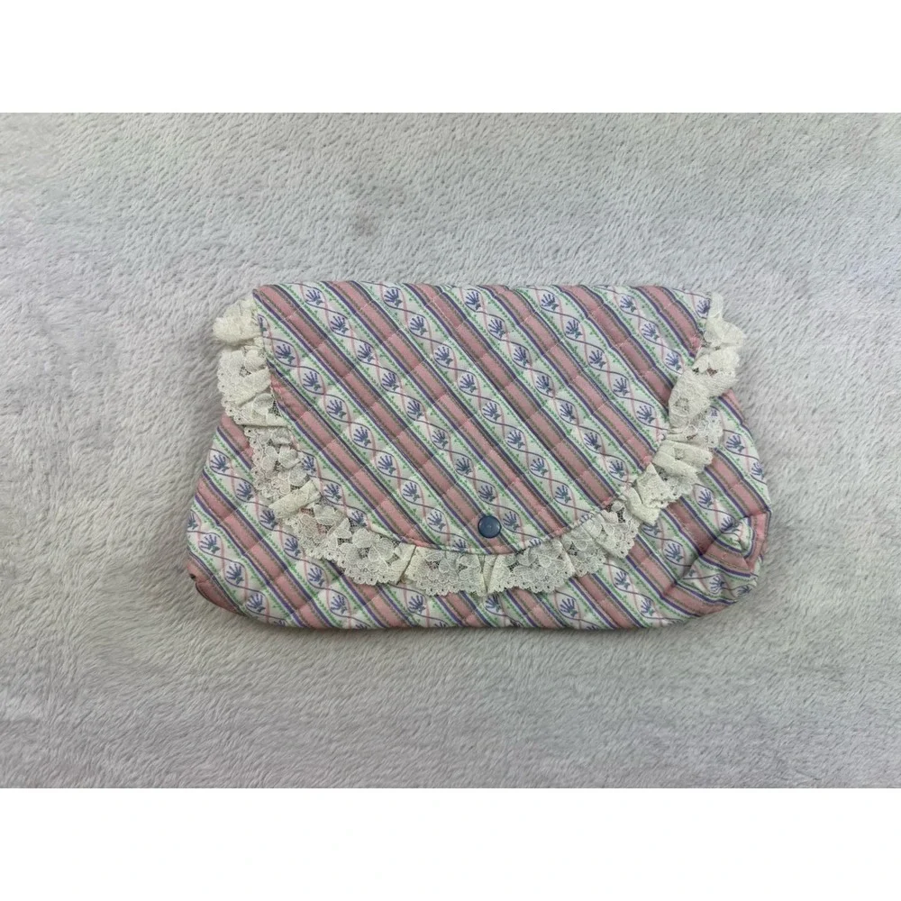 Vintage 1980s Make Up Travel‎ Bag Grandma Cottage Core Lace Pink Washable